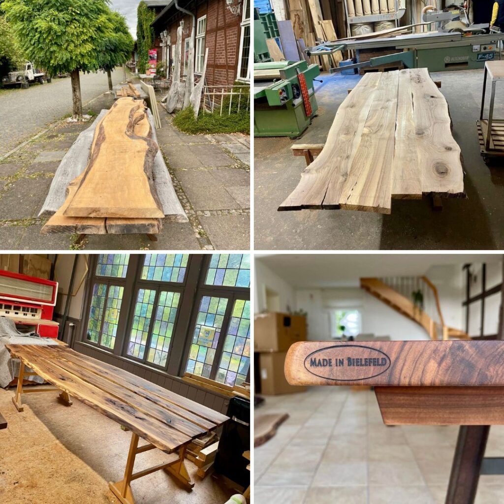 Vier Arbeitsschritte an einem Tisch aus Nussbaum aus Bielefeld: vom rohen Stammholz draußen über die erste Bearbeitung in der Werkstatt bis zur geölten Platte mit Made-in-Bielefeld-Prägung