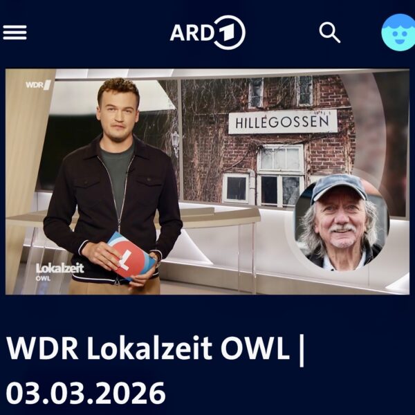 Moderator der WDR-Sendung Lokalzeit OWL kündigt einen Beitrag über den Möbel-Bahnhof in Bielefeld-Hillegossen an, im runden Bild ist Peter Timpe zu sehen.